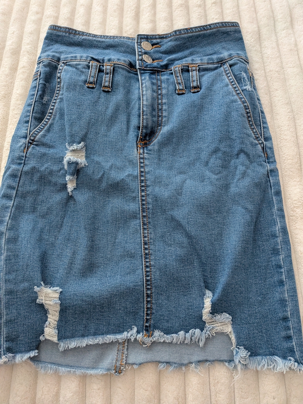 High-Rise Distressed Denim Skirt - Blue